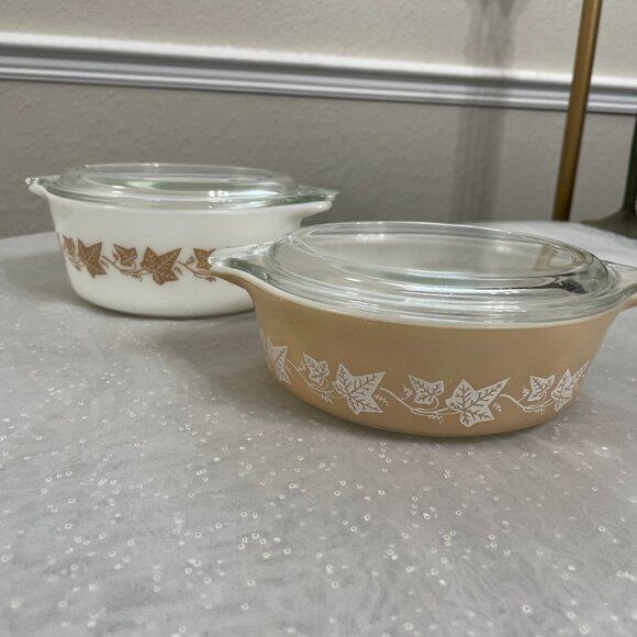 VTG Pyrex Set #472, Sandalwood, 1 1/2 Pt W/ Pyrex lid & #471, 1 Pt W/lid - Picture 1 of 12